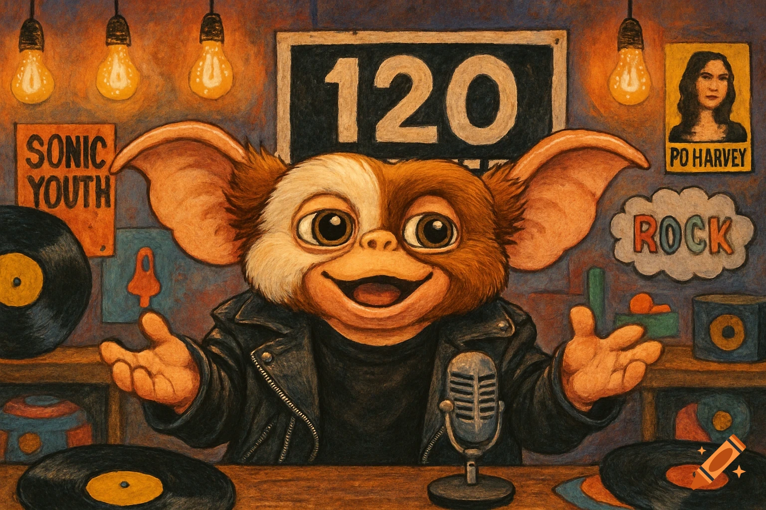 A cute cartoony illustration of Gizmo in a leather jacket, hosting a radio show with records and music posters.