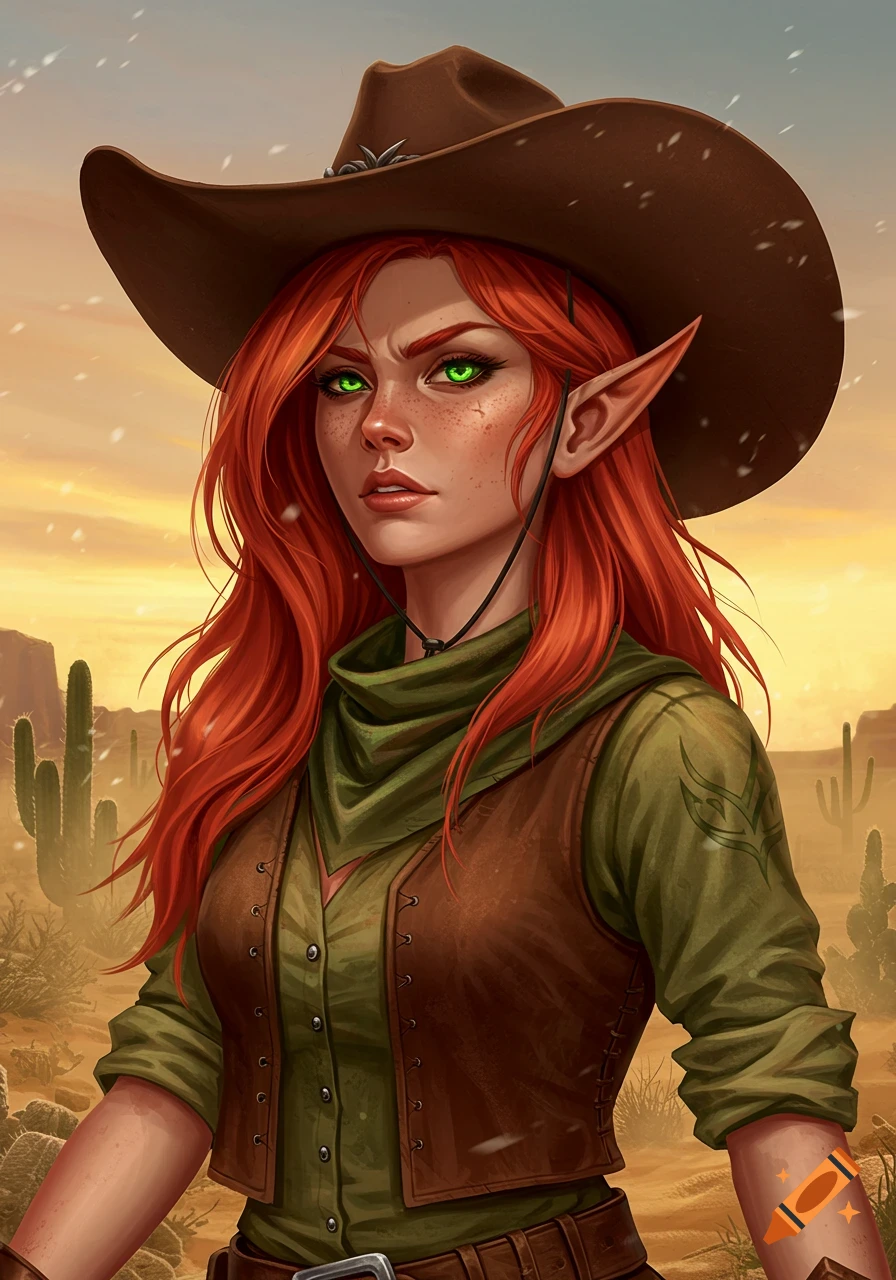 Fantasy illustration of a red-headed elf woman with a cowboy hat, green eyes, and freckles, wearing western clothing in a desert.