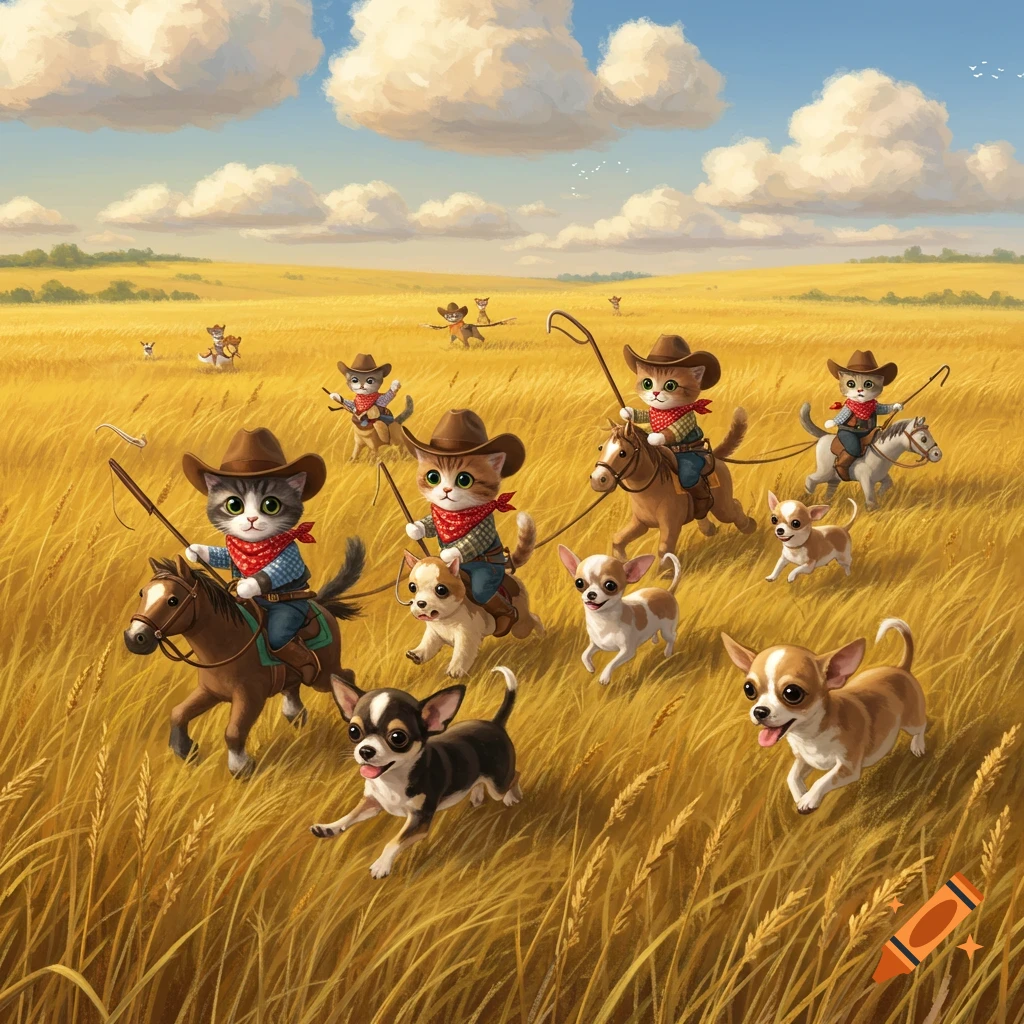 Cartoon kittens dressed as cowboys ride small animals through a golden field, herding chihuahuas.