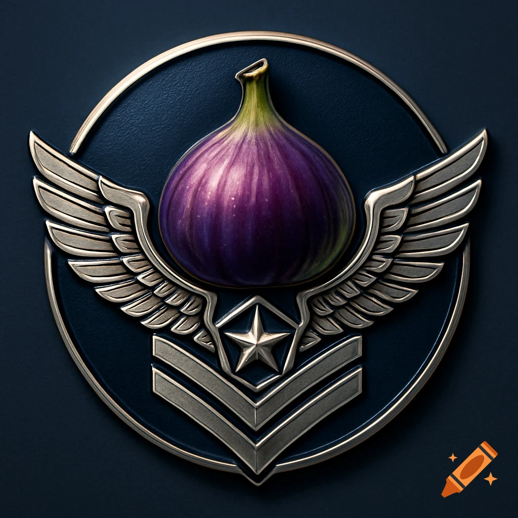 A bronze and silver military-style badge with wings, chevrons, and a star, featuring a prominent purple fig at its center on a dark blue background.