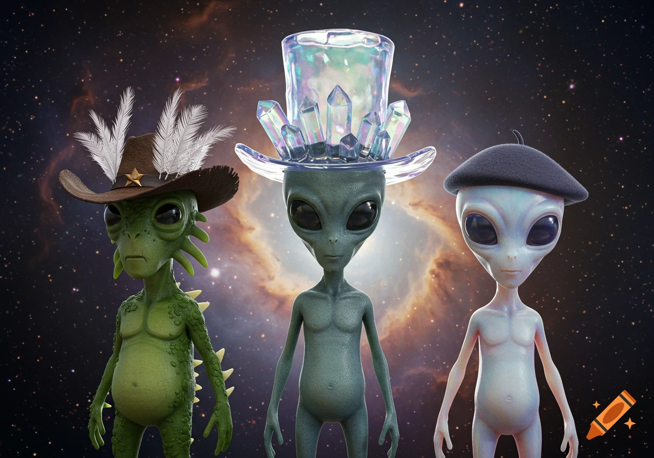 Three 3D aliens in a cosmic setting: one in a cowboy hat, one in a crystal top hat, and one in a beret.