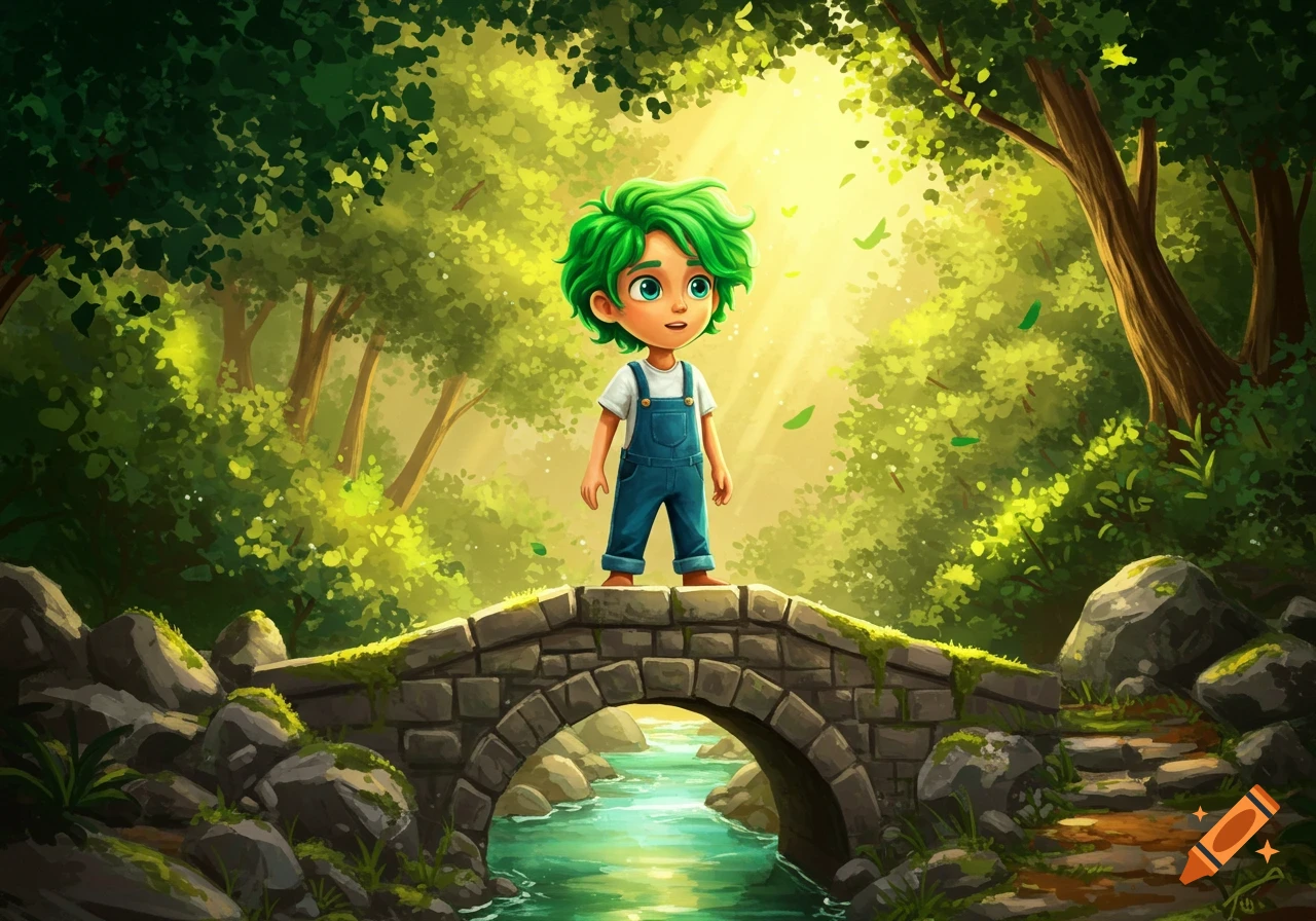 A green-haired, blue-eyed boy in overalls stands on a stone bridge over a stream in a bright, green cartoon forest.