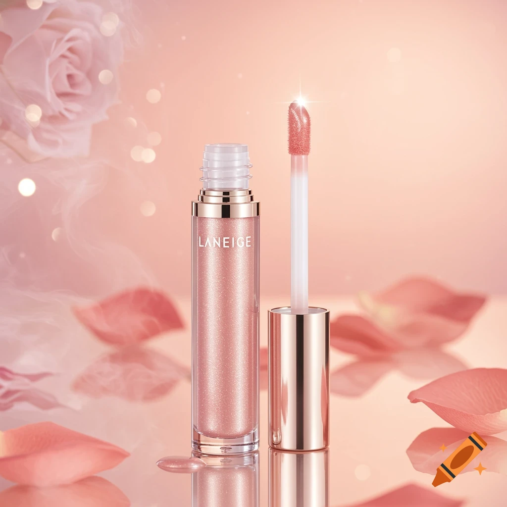 A sparkling pink Laneige lip gloss bottle with applicator, surrounded by rose petals and lights on a reflective surface.