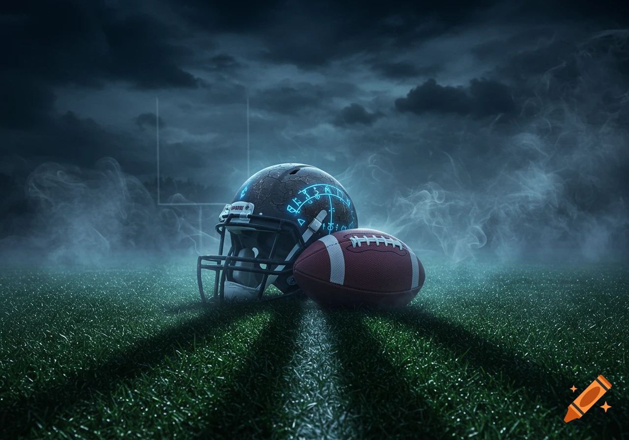 A dark and mystical image of a football helmet with glowing blue symbols and a football on a foggy, grassy field at night under a stormy sky.
