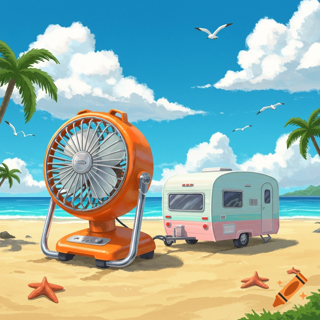 An orange fan and a pastel travel trailer sit on a sunny beach with palm trees and seagulls under a blue sky.