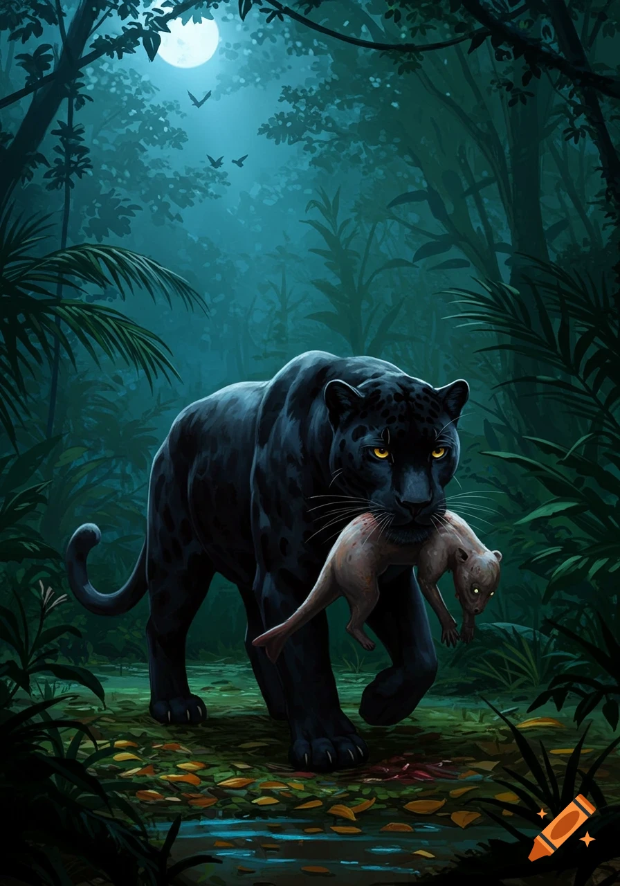 A black panther carries its prey through a moonlit jungle at night.