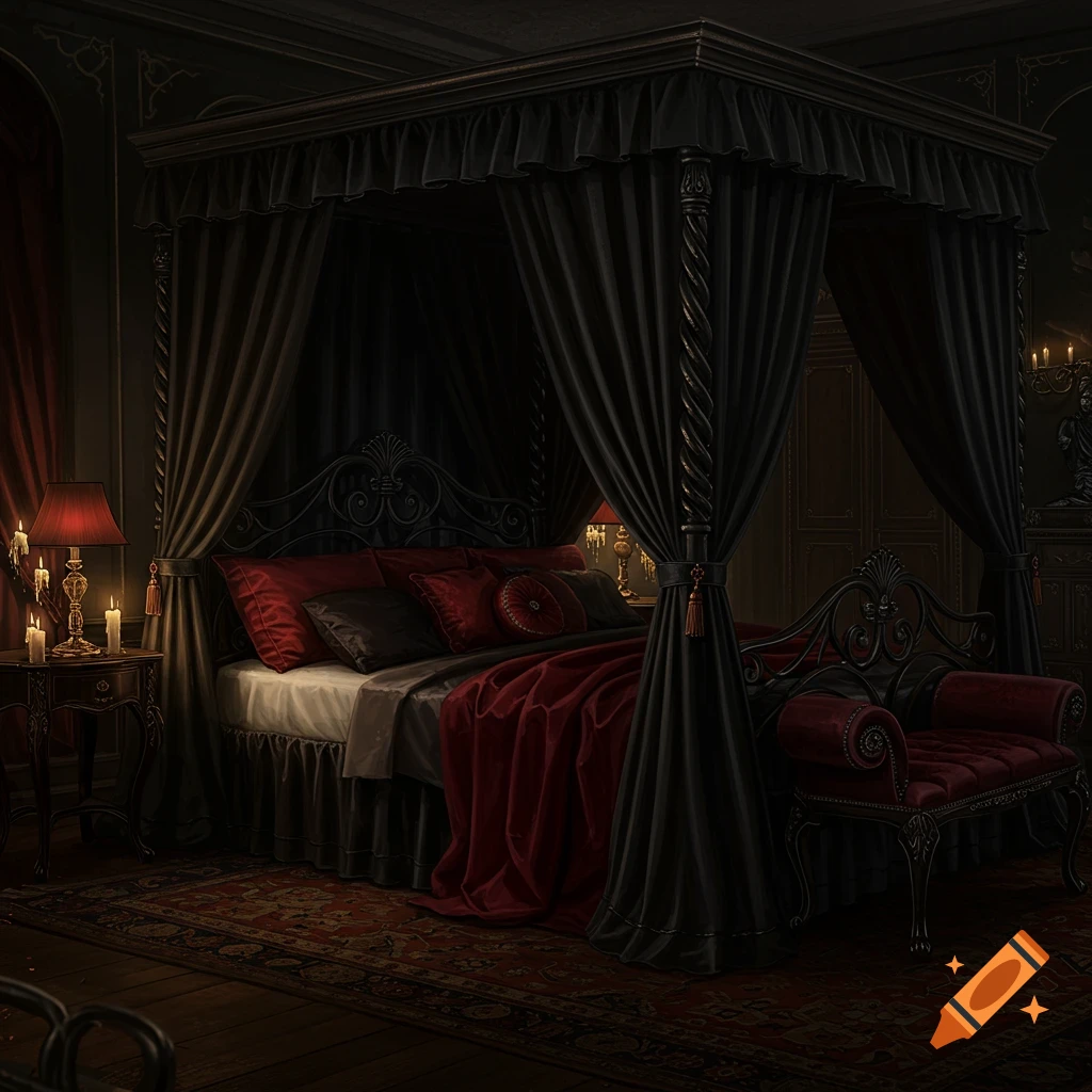 A darkly lit Gothic bedroom featuring a large black four-poster bed with red and black bedding, red lamp, candles, and ornate furniture.