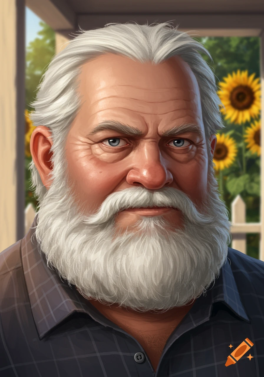 A close-up digital painting of an older man with a white beard and gray hair, wearing a plaid shirt, with sunflowers in the background.