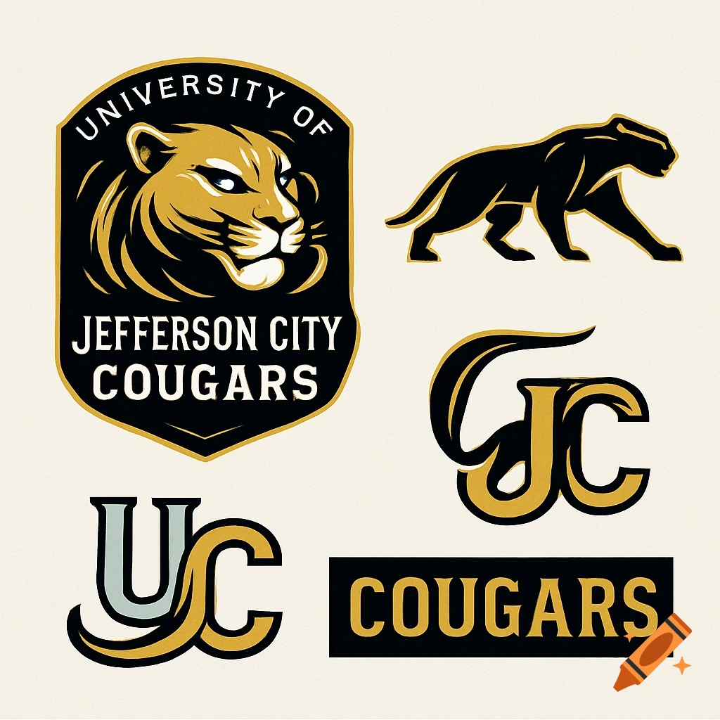 A collection of five college sports logos in black and gold. Elements include a fierce cougar head in a shield, a full cougar silhouette, and various lettermark designs incorporating 'JC', 'UC', and 'COUGARS'.
