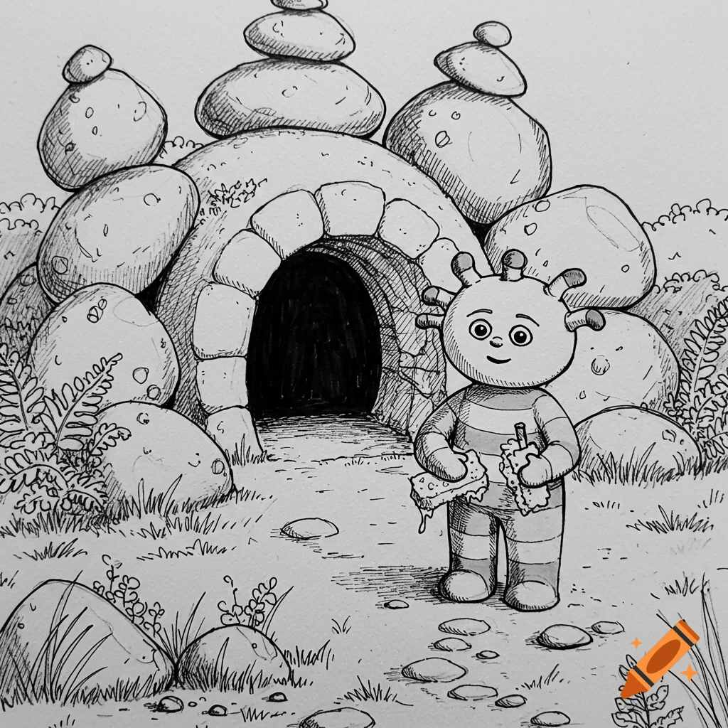 Black and white sketch of Makka Pakka in front of his stone cave holding a sponge and soap.