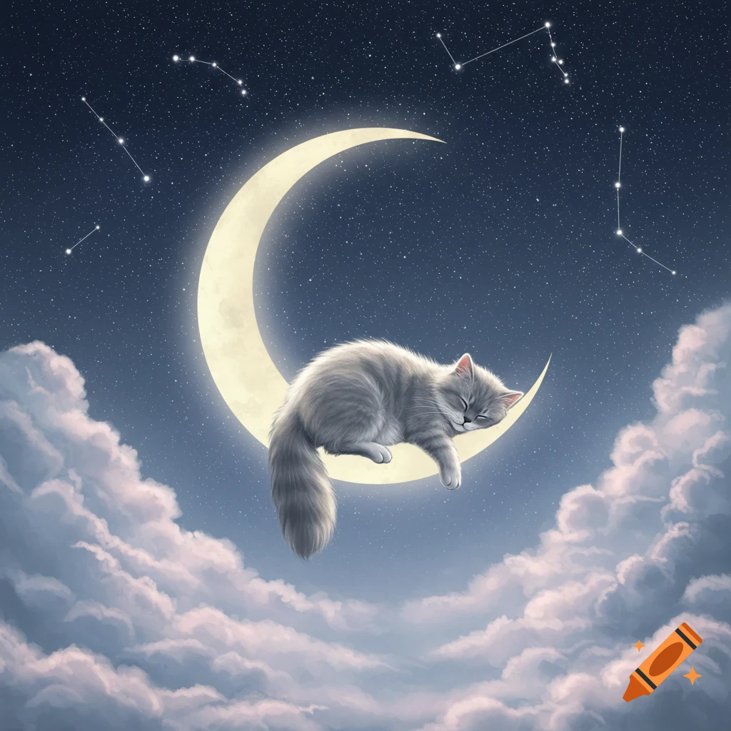 A fluffy grey and white cat is peacefully sleeping on a luminous crescent moon, surrounded by a starry night sky and soft clouds.