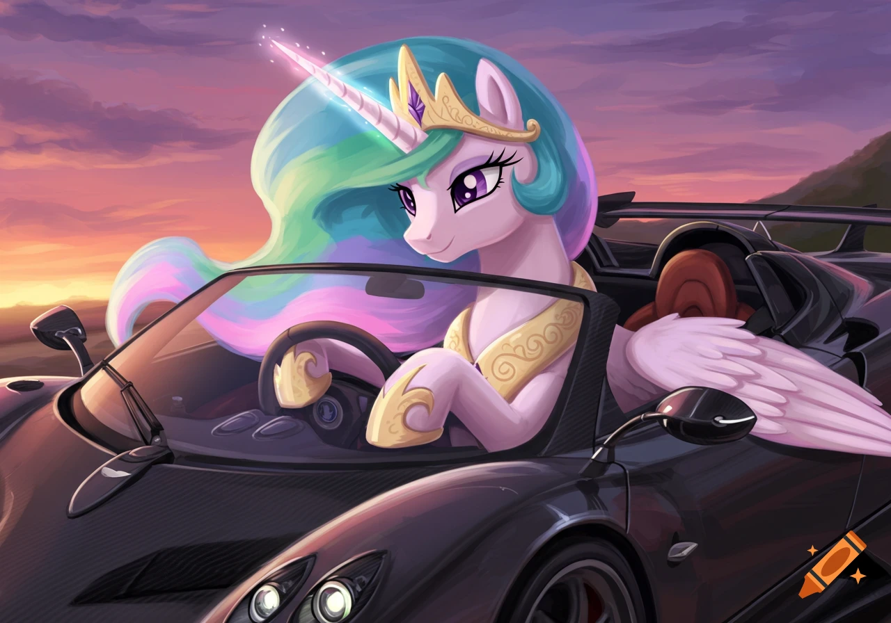 Princess Celestia, an alicorn pony with a rainbow mane, drives a black Pagani Zonda convertible sports car at sunset.