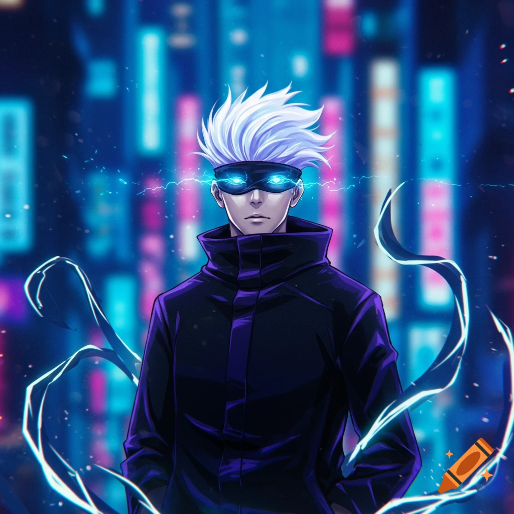 Anime character Gojo Satoru with white hair and glowing blue blindfold eyes, surrounded by blue electricity against a neon cityscape.