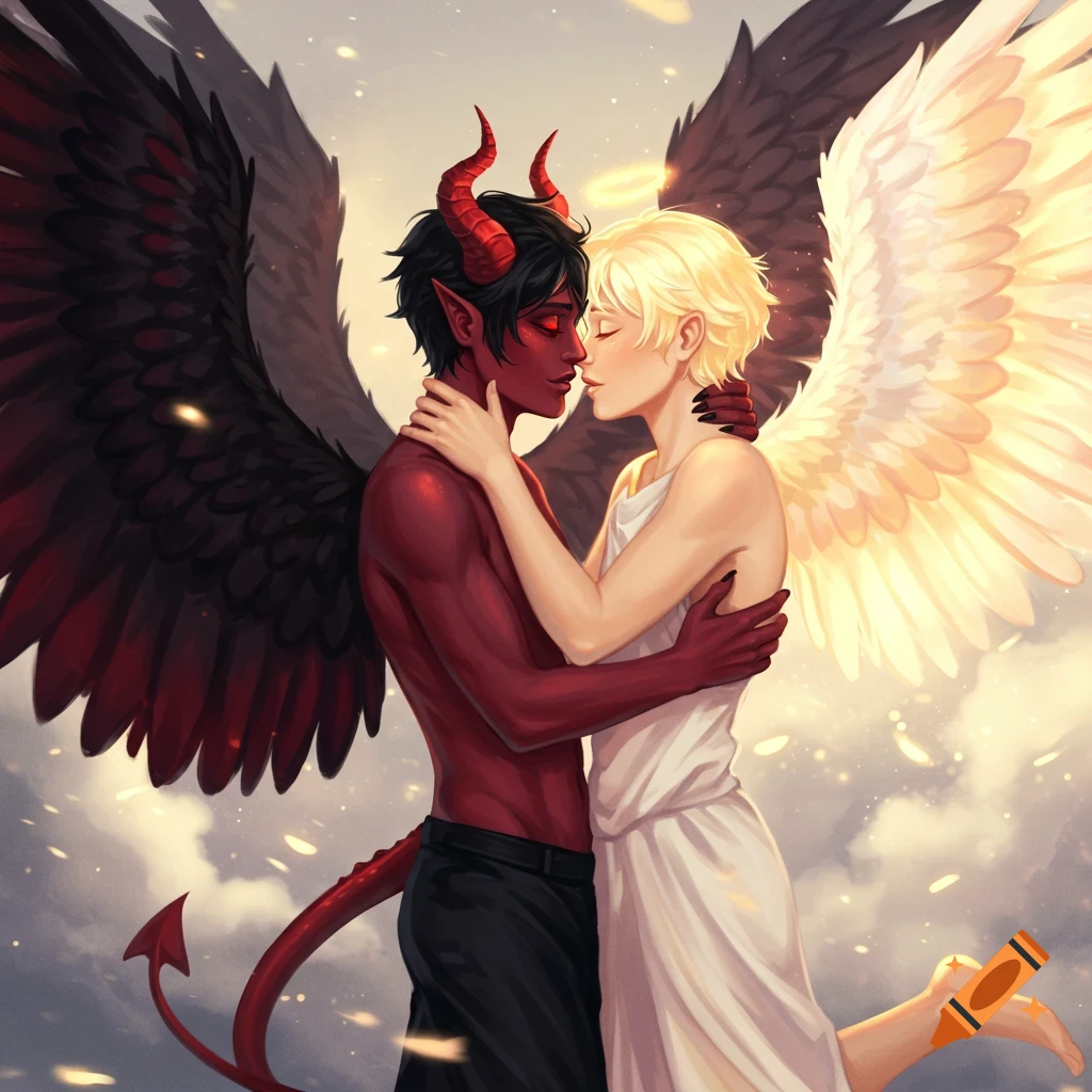 Digital art of a red-skinned demon boy with black wings and a blond angel boy with white wings embracing and kissing in a cloudy sky.
