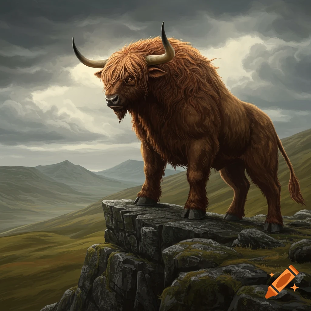 A large, shaggy brown highland bull-like minotaur stands on a rocky cliff overlooking a vast green landscape under a cloudy sky.