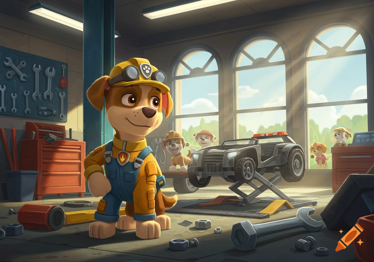 Rubble from Paw Patrol stands smiling in a brightly lit mechanic garage, with other pups and a vehicle in the background.