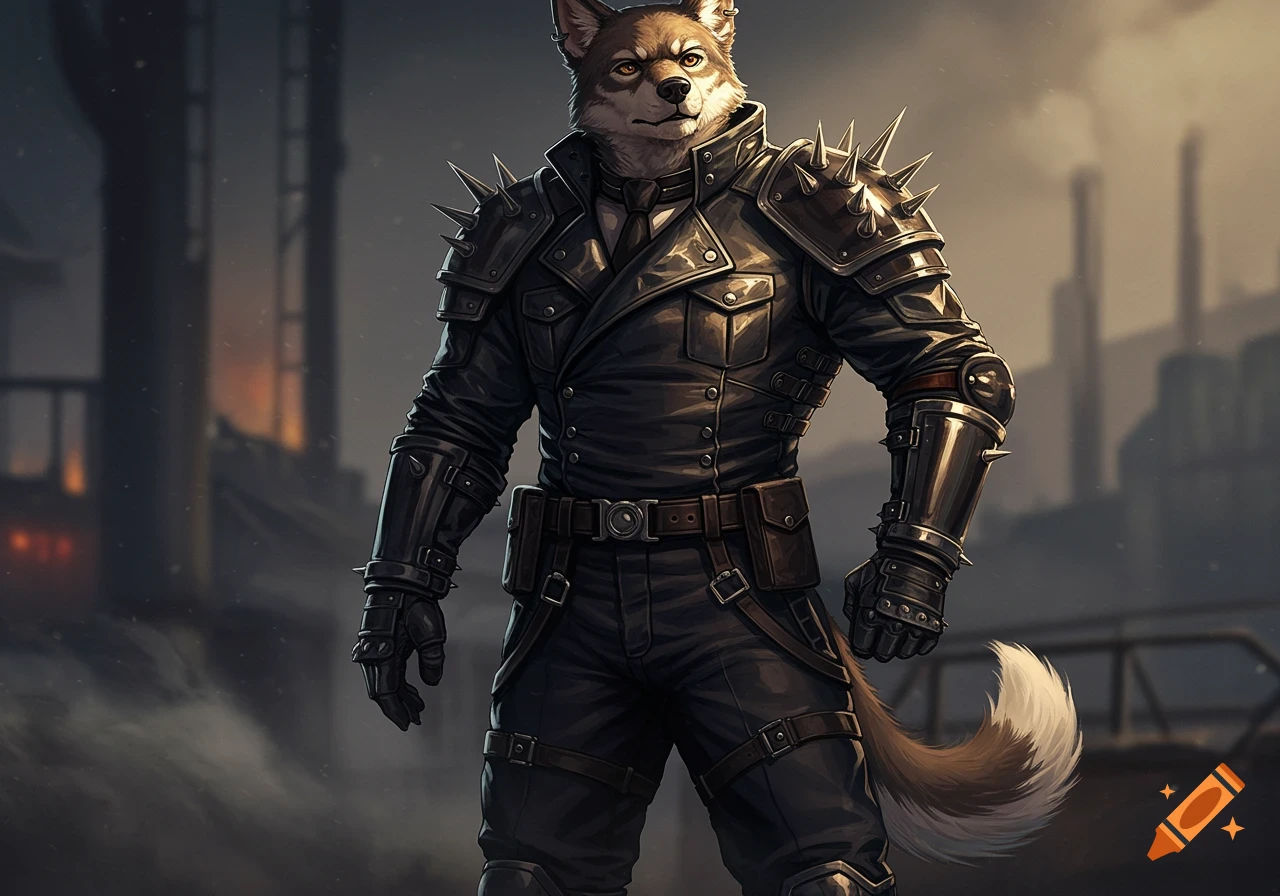 An anthropomorphic dog in a black spiked leather military uniform stands in an industrial setting.