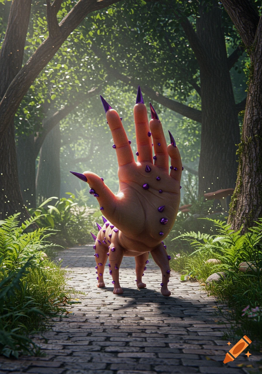 A surreal, photorealistic render of a human hand with purple spikes and long nails, walking on four stubby legs down a cobblestone path in a sunlit forest.