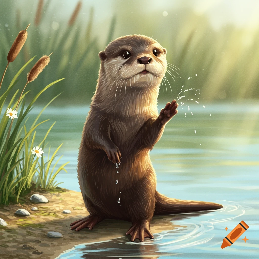 An adorable illustrated otter stands in shallow water, splashing with one paw, next to a pond with reeds and daisies.