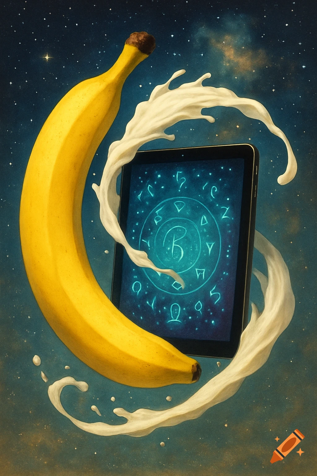 A vibrant illustration of a large banana curving around a glowing iPad, with white liquid splashing around them in a starry night sky.