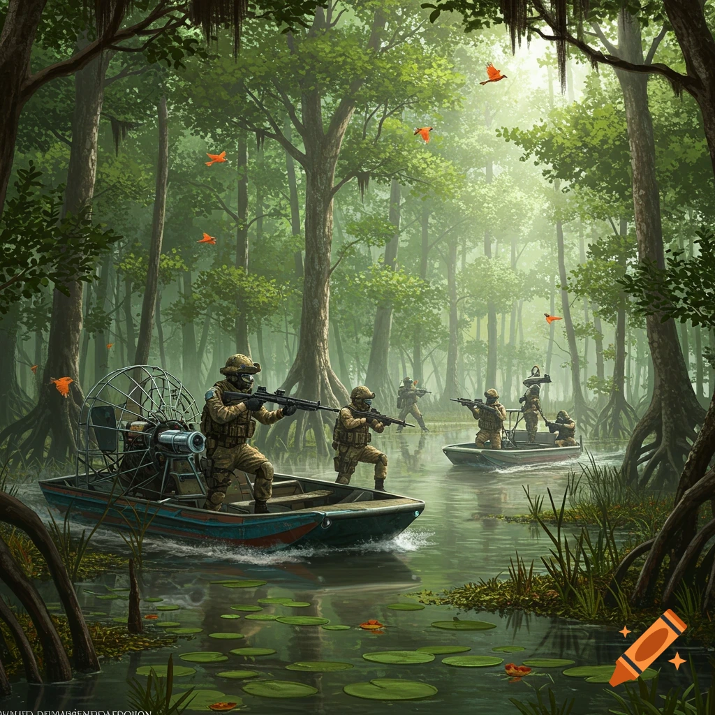 Armed special forces soldiers on airboats move through a misty Florida swamp, surrounded by dense trees and lily pads.