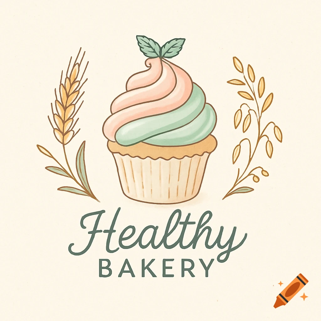 A pastel illustration of a cupcake with pink and green frosting, flanked by wheat and oats, with 'Healthy BAKERY' text below.