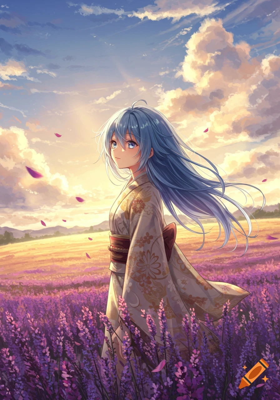 An anime girl with blue hair in a kimono stands in a vibrant purple lavender field under a sunset sky.