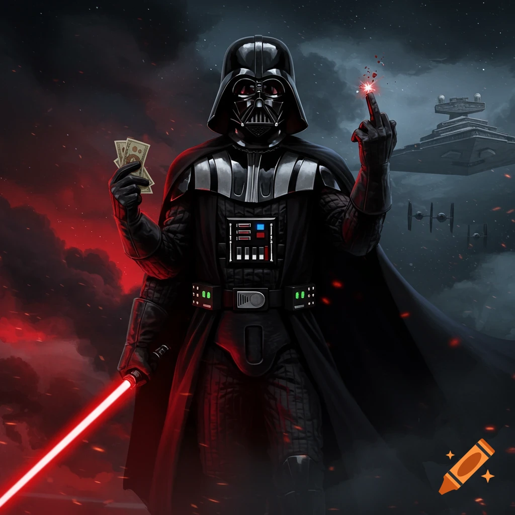 An illustration of Darth Vader holding money in one hand and raising his middle finger in the other, standing in a stormy, dark red and grey sky with a Star Destroyer and TIE fighters in the background.