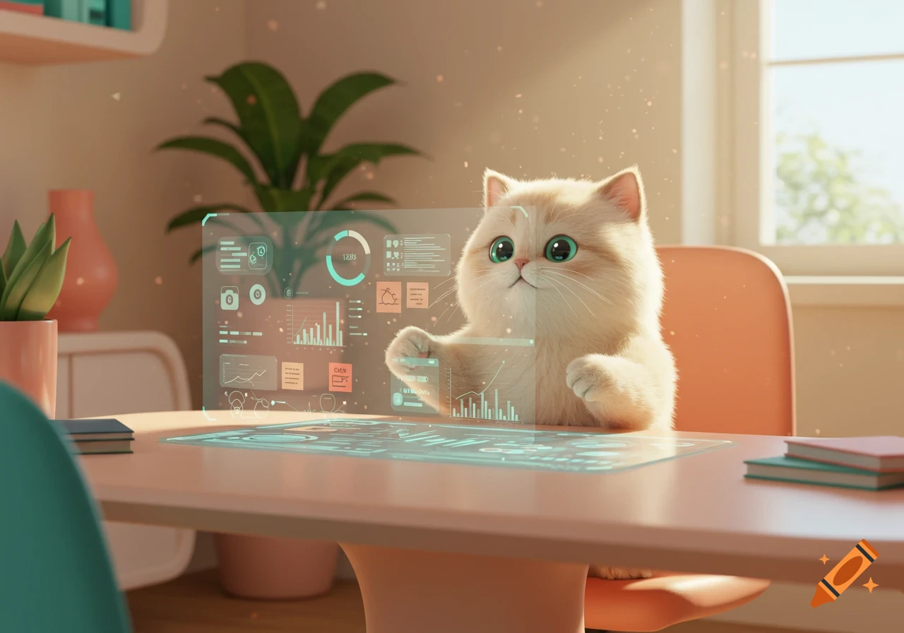 A fluffy light brown cat with large green eyes stands behind a desk, looking up and holding a translucent holographic display showing charts and data in a bright, modern room.
