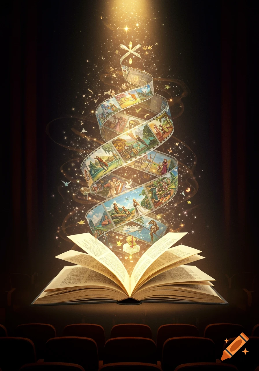 A glowing open book in a dark theater, with a magical film strip spiraling upwards from its pages, surrounded by golden light and sparkling particles.