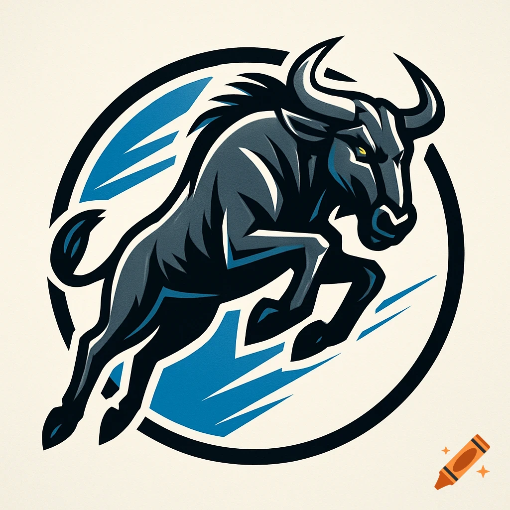 Stylized dark blue wildebeest or gnu logo with yellow eyes jumping within a black and blue circular design.