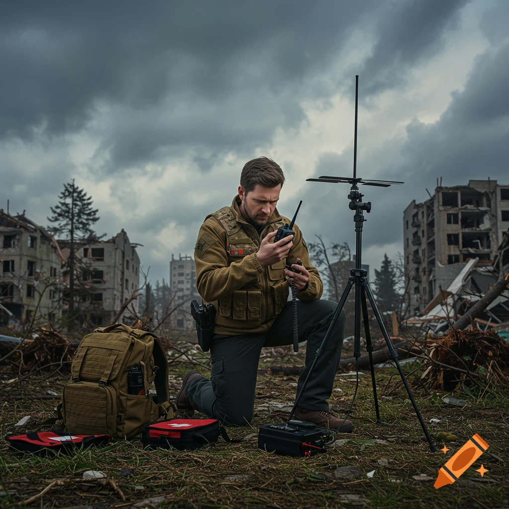 A man kneels in a destroyed city, operating a ham radio with emergency gear next to him, under a cloudy sky.