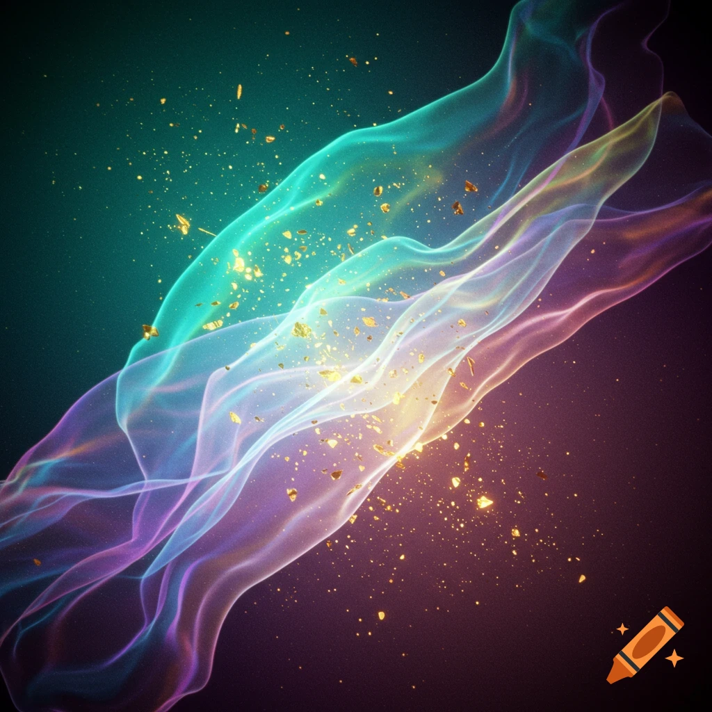 Ethereal glowing ribbons of teal, purple, and pink flow diagonally across a dark background, surrounded by sparkling golden particles.
