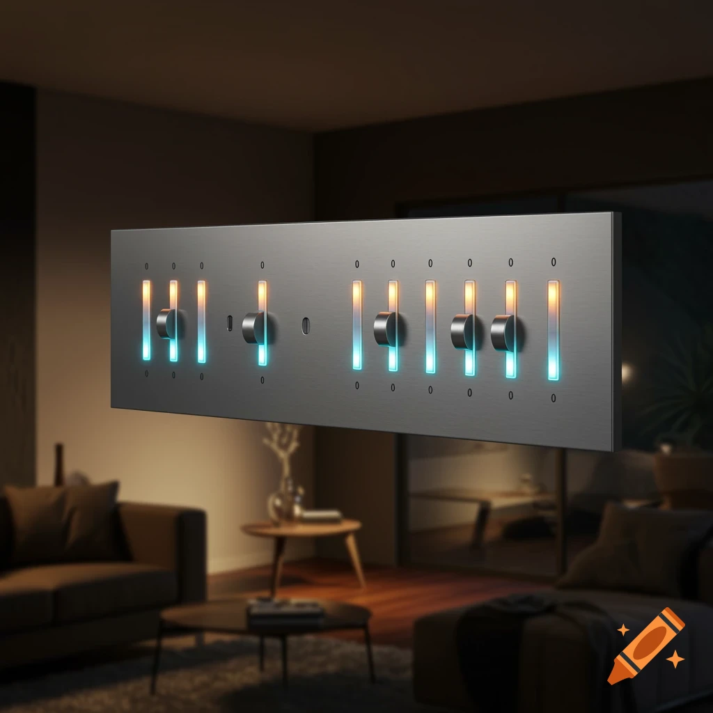 A sleek, modern smart dimmer switch panel with multiple glowing sliders in a dimly lit living room.