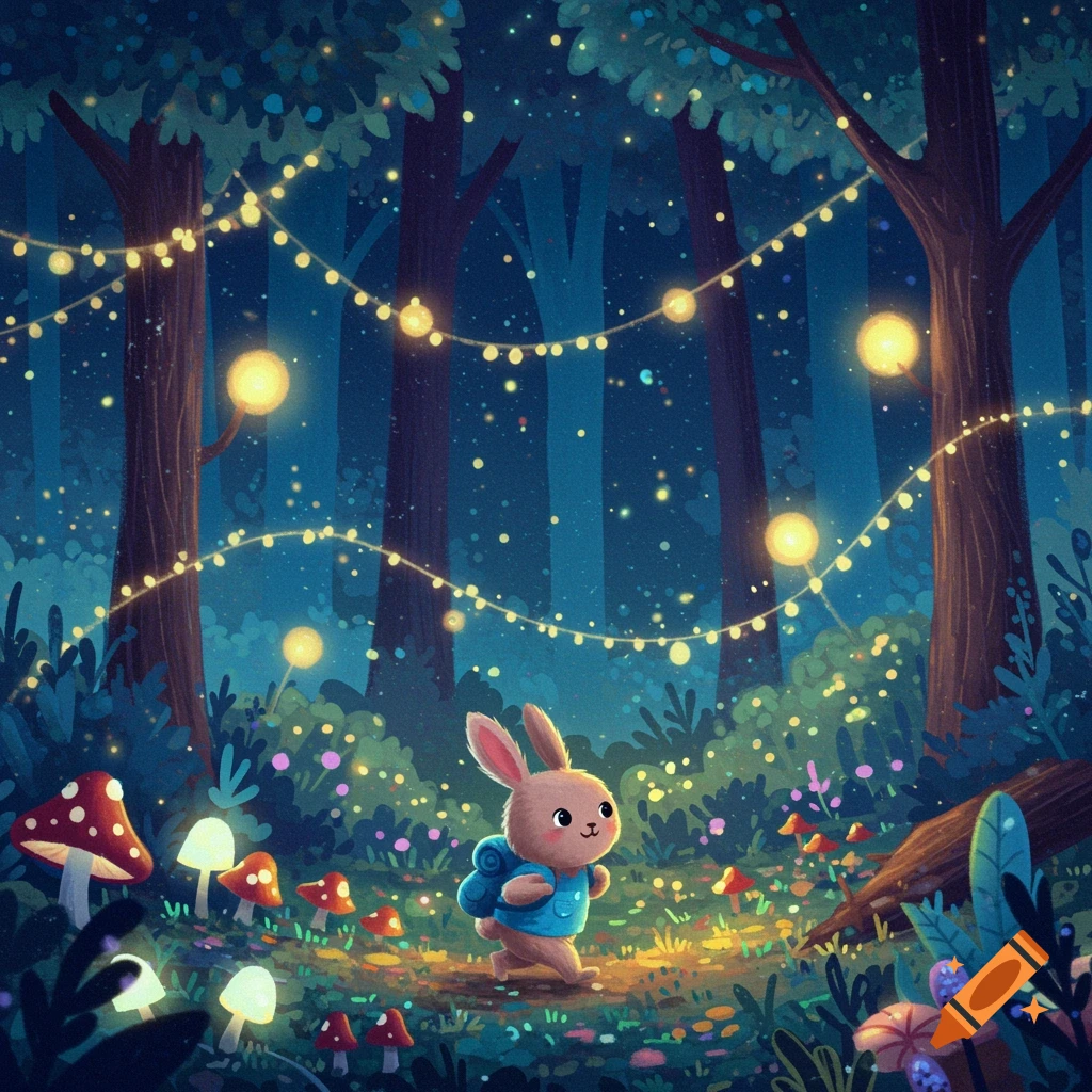 A cute rabbit with a blue backpack walks through a magical, glowing forest with string lights and mushrooms in a storybook style.