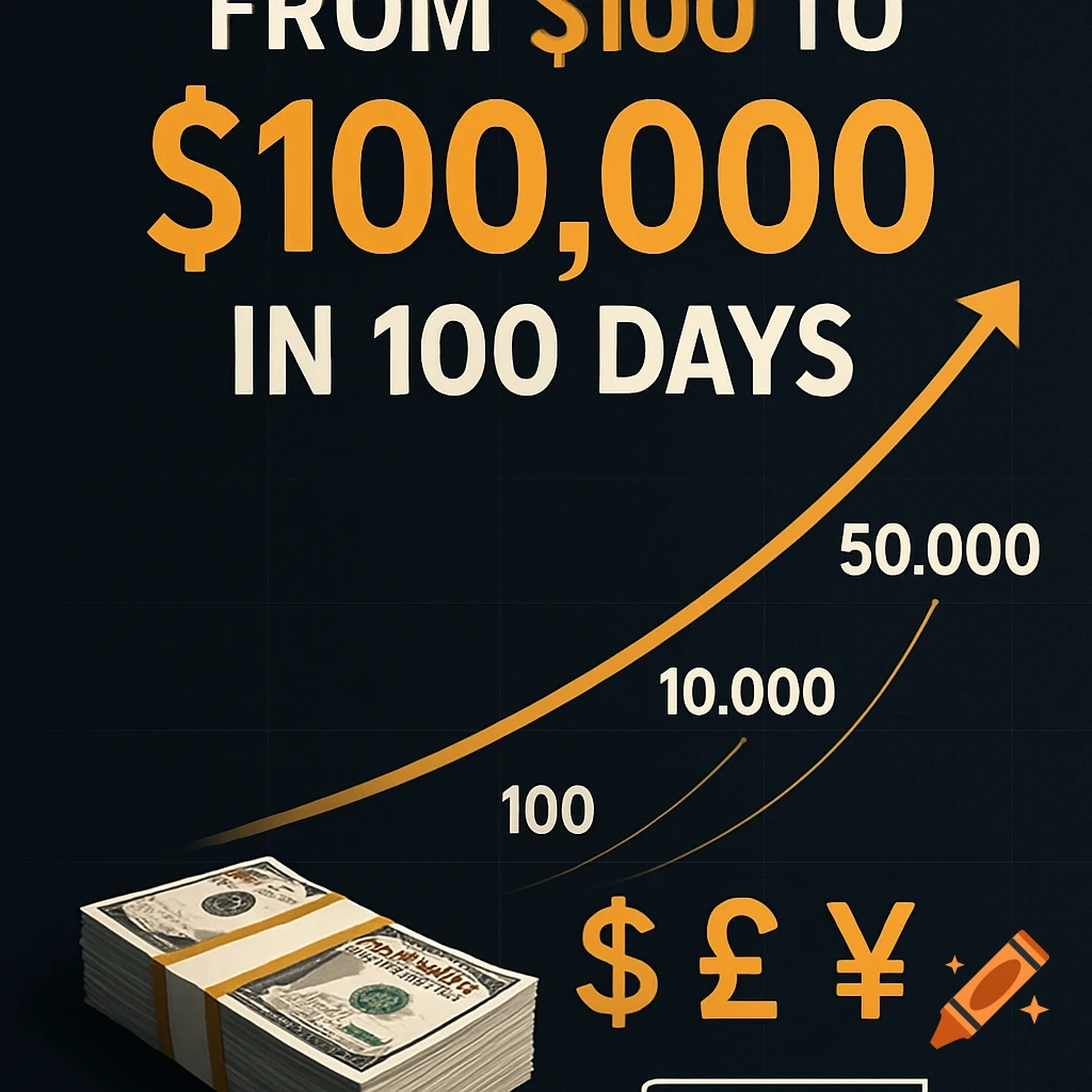 A financial infographic with a dark background, showing a stack of money, currency symbols, and an orange upward arrow with numbers 100, 10.000, and 50.000. Large text reads "FROM $100 TO $100,000 IN 100 DAYS."