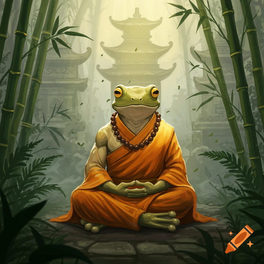 An illustrative image of a frog monk meditating in orange robes with prayer beads in a bamboo forest, with misty pagodas in the background.