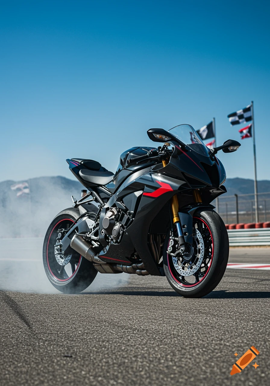 A black sport bike kicks up smoke from its rear tire on a race track under a clear blue sky, with checkered flags in the background.