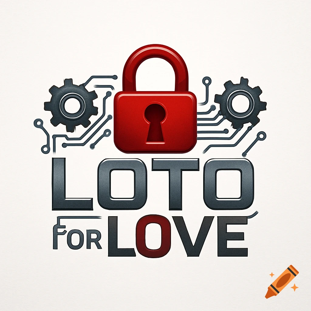 A logo featuring a red padlock, grey gears, circuit lines, and the text LOTO FOR LOVE.
