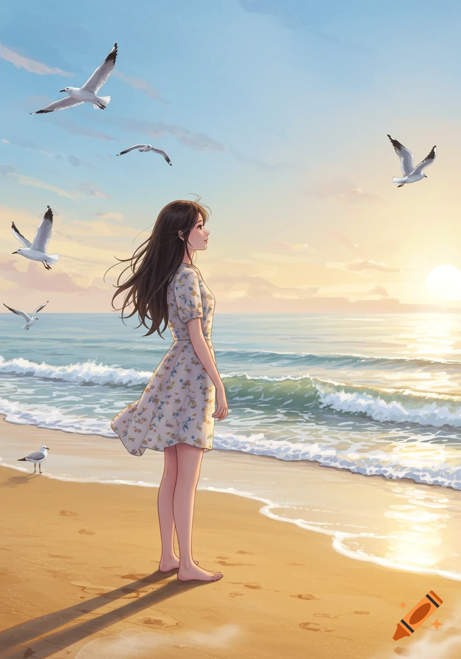 An anime girl stands on a sandy beach at sunset, looking out at the ocean with seagulls flying overhead.