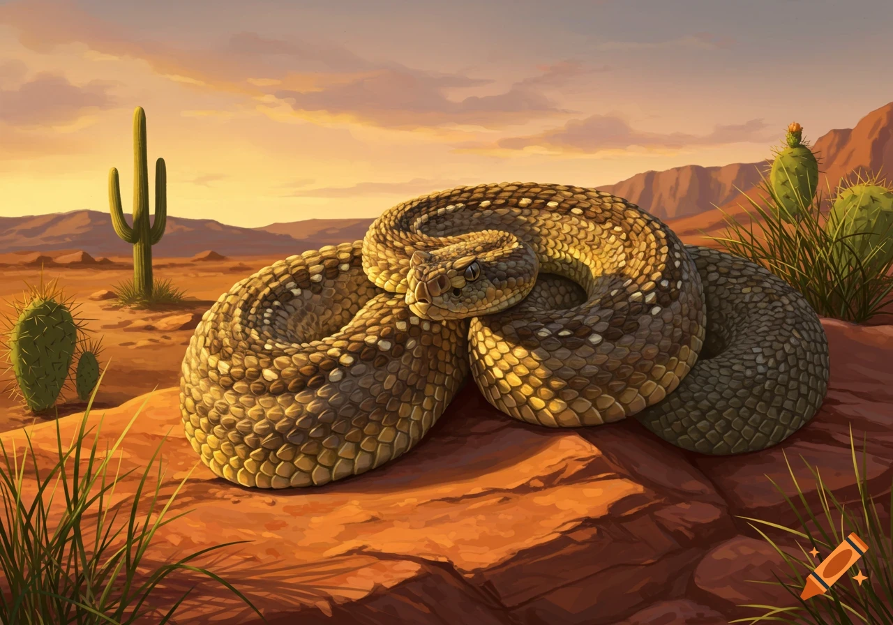 A rattlesnake is coiled on a red rock in a desert landscape with cacti and mountains under a sunset sky.