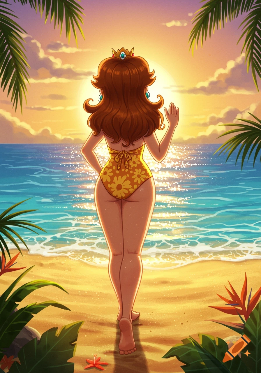 A cartoon Princess Daisy in a yellow floral swimsuit, seen from behind, walks on a beach towards the ocean at sunset.
