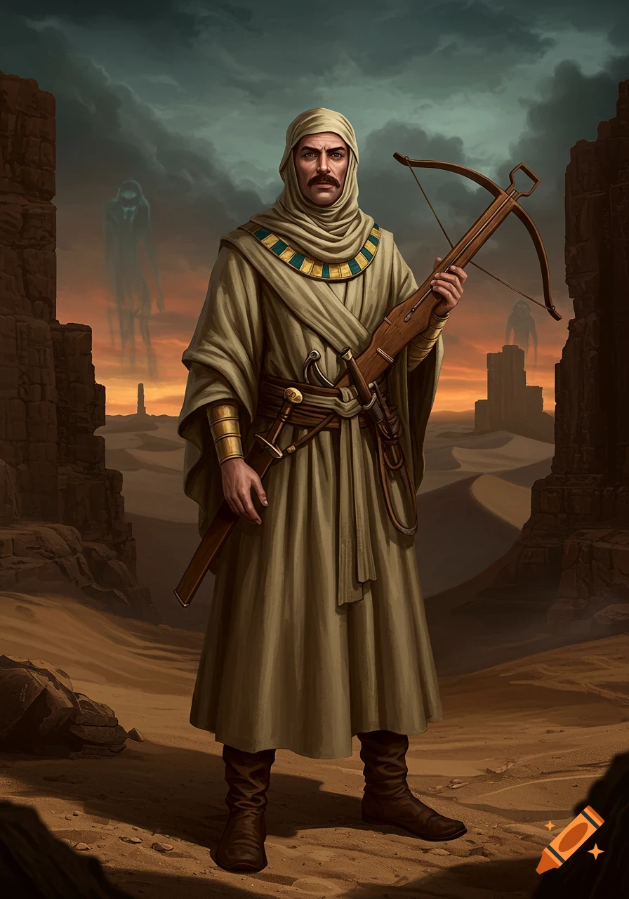 A man in desert robes with a mustache holds a crossbow in a dark desert. Spooky figures are visible in the distance. Digital art.