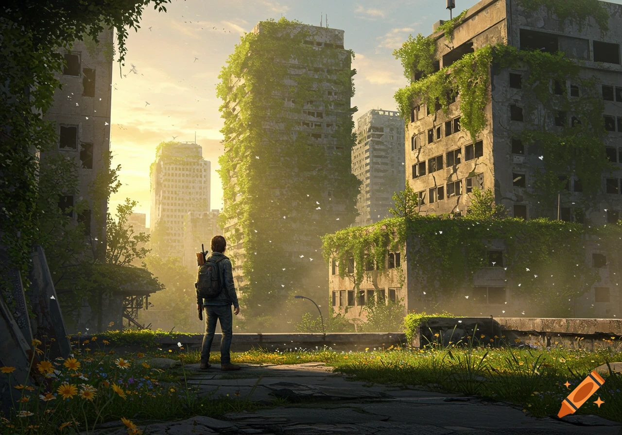 A lone figure stands in a post-apocalyptic cityscape overgrown with lush greenery, under a golden sky with light particles.