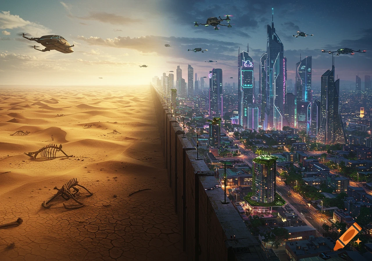 A vast wall divides a barren desert with dinosaur skeletons from a glowing futuristic city with skyscrapers and flying drones at dusk.
