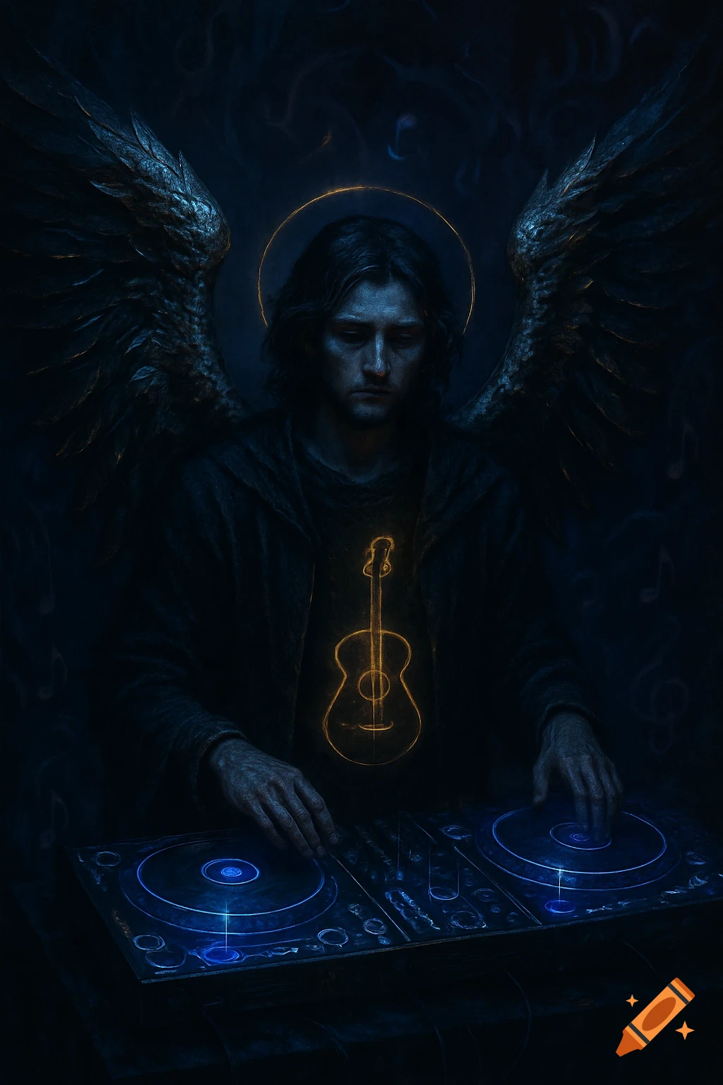 A dark, moody fantasy artwork of an angel-like figure with large wings and a halo, operating glowing blue DJ turntables. A bright golden outline of a guitar glows on the figure's chest.