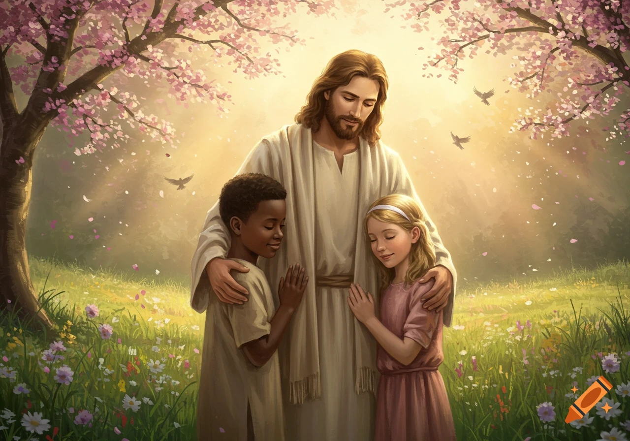 Illustrative painting of Jesus, with long hair and beard, wearing a white robe, embracing a Black boy and a white girl in a vibrant spring meadow with pink blossoms and birds.