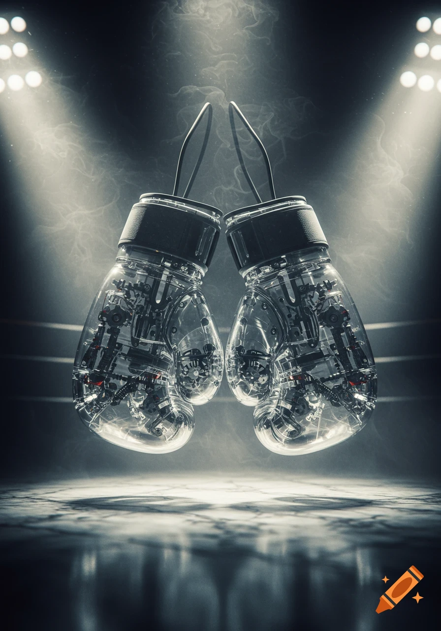 Two transparent, mechanical boxing gloves hang in a dimly lit boxing ring, illuminated by spotlights and wisps of smoke.
