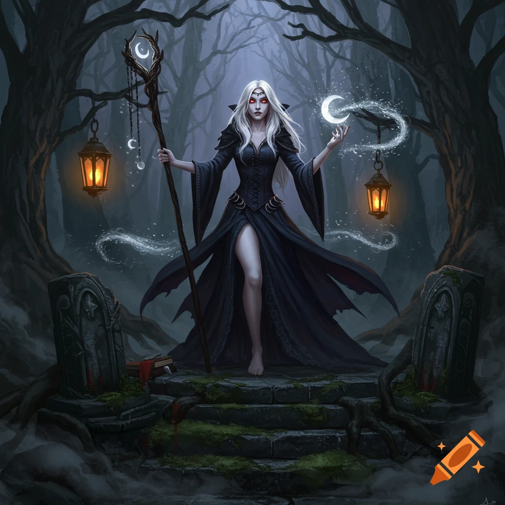 A white-haired vampire witch with red eyes, in a black dress, stands in a dark, misty forest, conjuring a crescent moon.