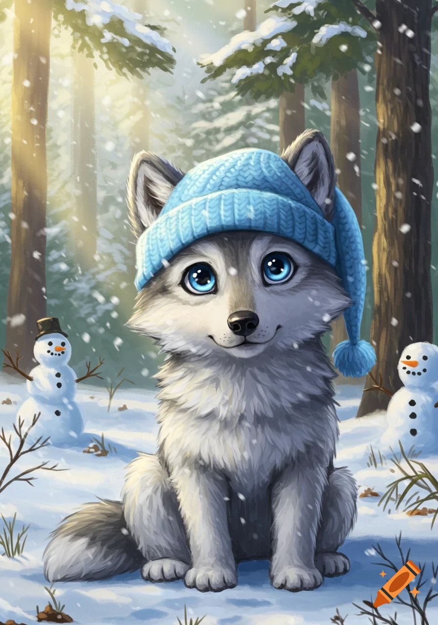 A cute grey wolf wearing a blue knit hat sits in a snowy forest with two snowmen.